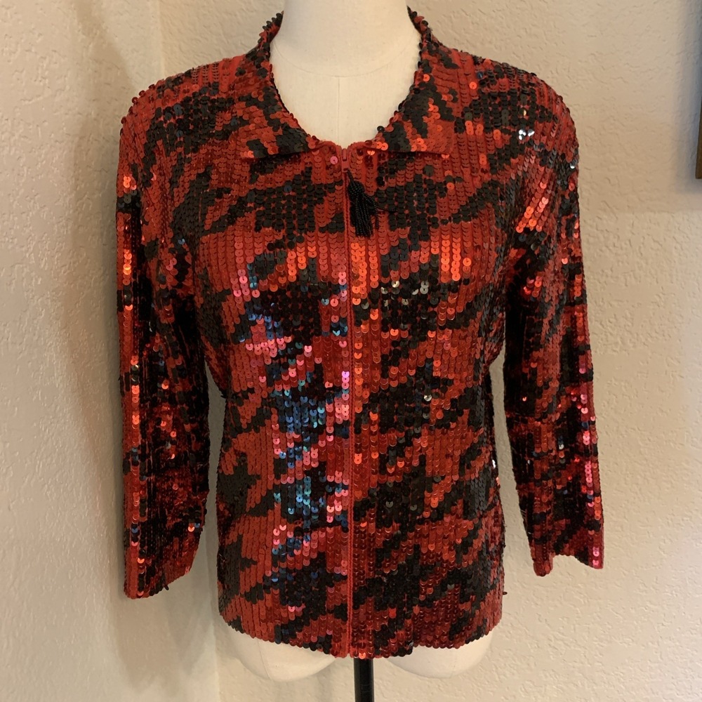 Vtg Women's Size L Red & Black Sequin Houndstooth Zip Sweater 3/4 Sleeve